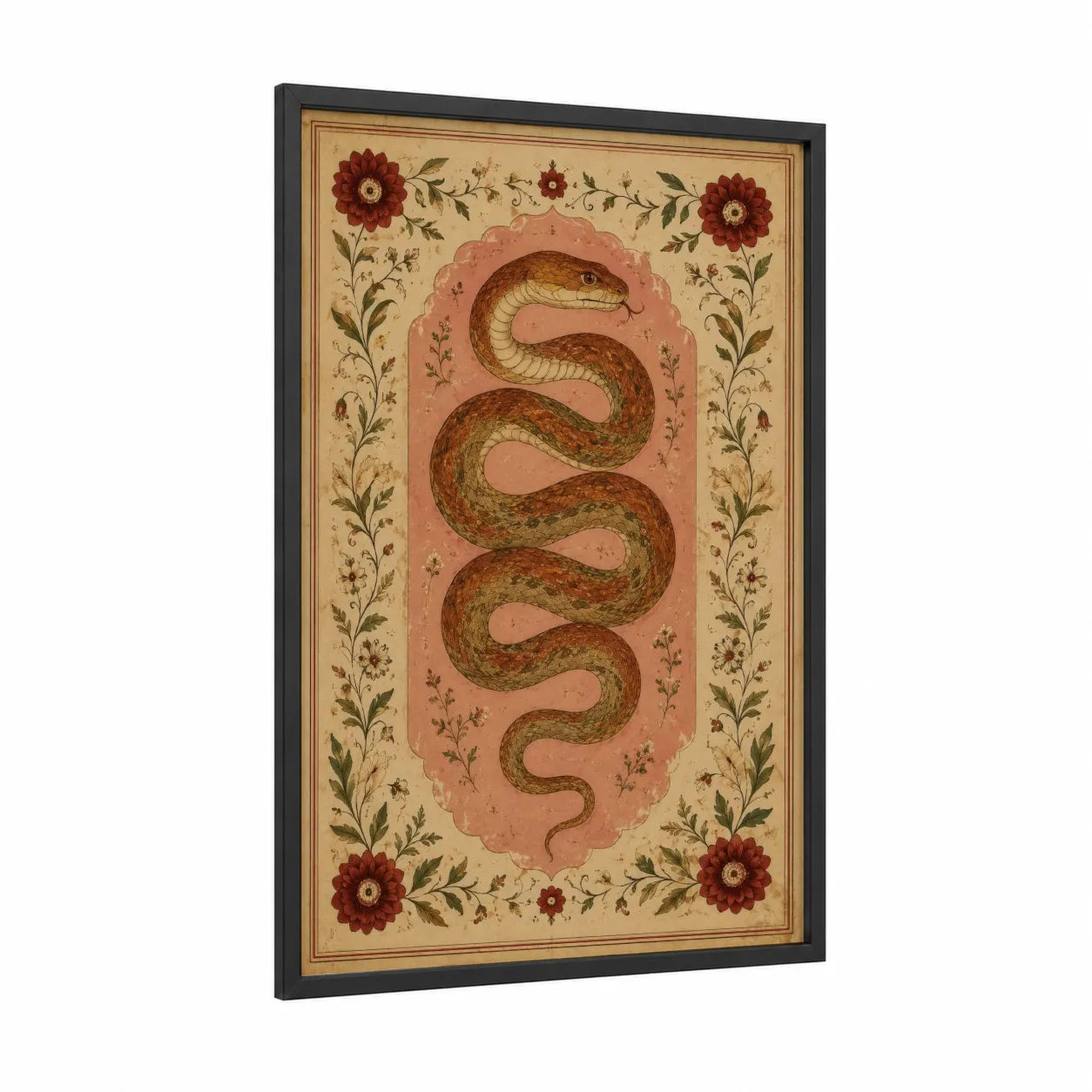 Vintage Snake With Floral Border Wall Art framed art print — black wood frame — peach and beige palette