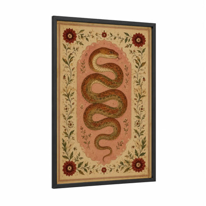 Vintage Snake With Floral Border Wall Art framed art print — black wood frame — peach and beige palette