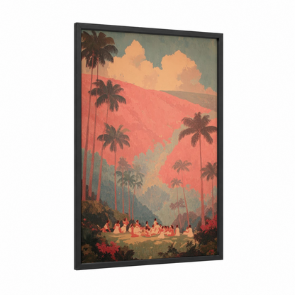 Tropical Hula Gathering framed art print — black wood frame — peach and sage green palette