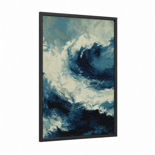 Dramatic Storm Wave framed art print — black wood frame — blue and white and dark blue palette