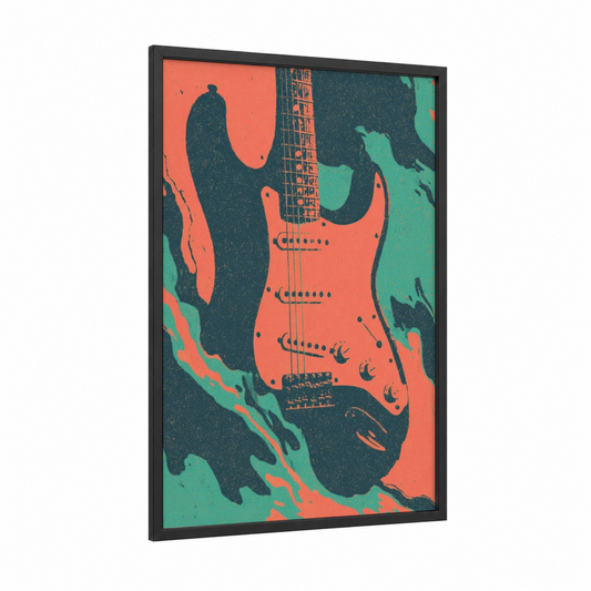 Neon Electric Guitar framed art print — black wood frame — orange and teal palette