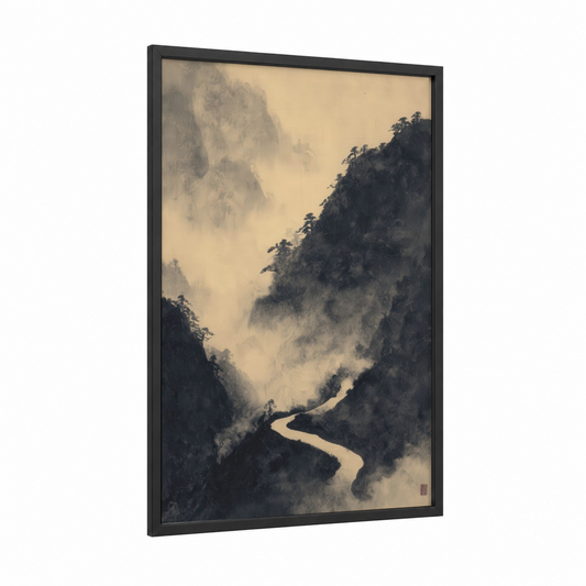 Misty Mountain Road framed road and highways print — black wood frame — gray and black and white palette