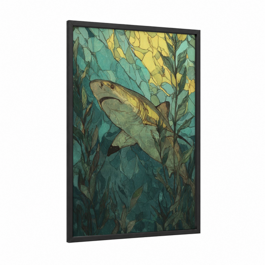Lemon Shark Kelp framed art print — black wood frame — teal and yellow gold palette