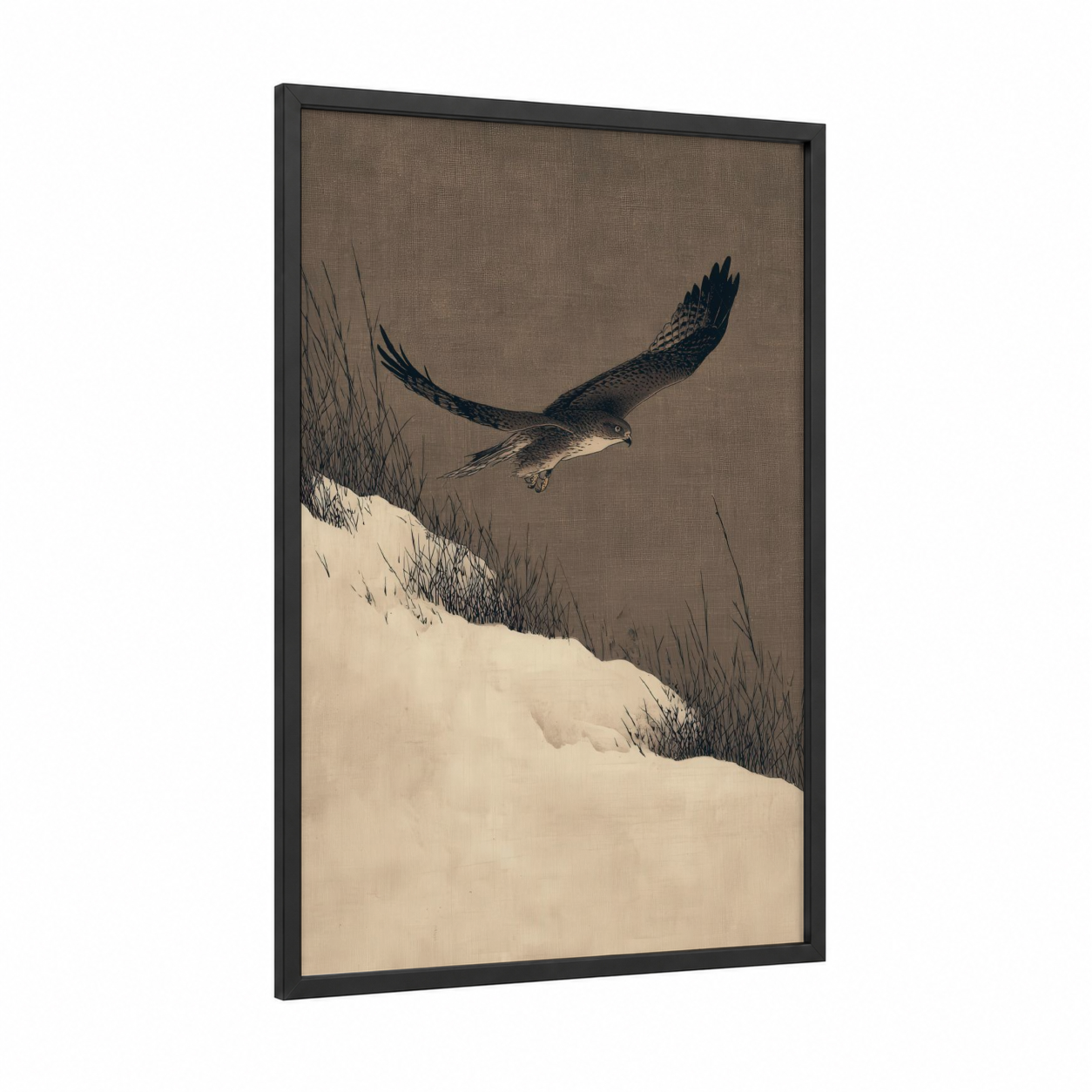 Snowy Hawk Hunt framed hunting print — black wood frame — black and white and beige palette