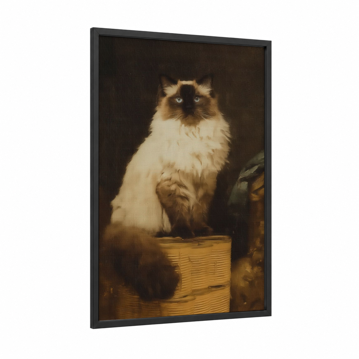 Himalayan Cat Portrait framed art print — black wood frame — gold and brown palette