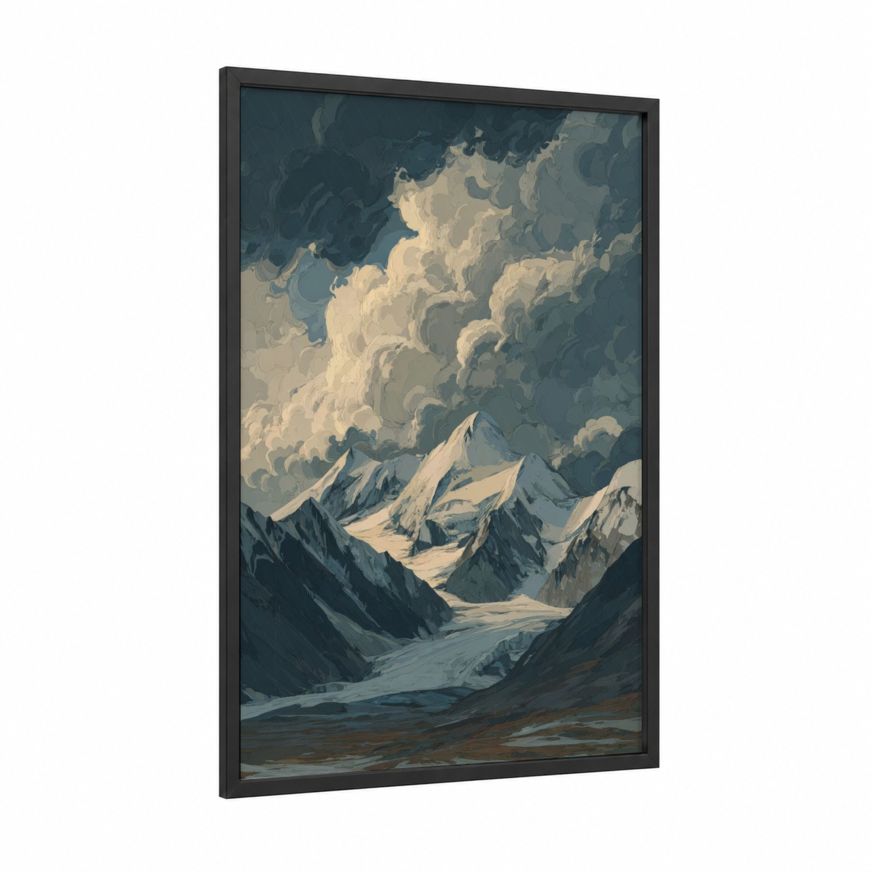 Alpine Glacier Dawn framed art print — black wood frame — blue and white and gray palette