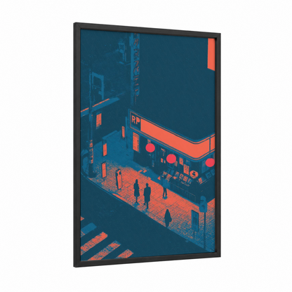 Neon Urban Streets framed retro pop print — black wood frame — blue and red palette