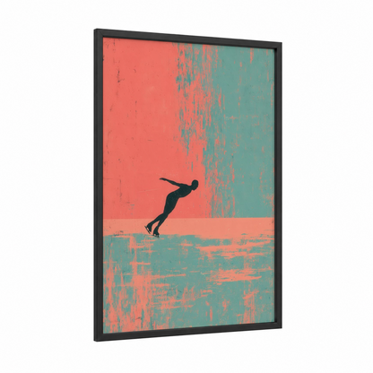 Poised Skater framed ice skating print — black wood frame — salmon pink and teal palette