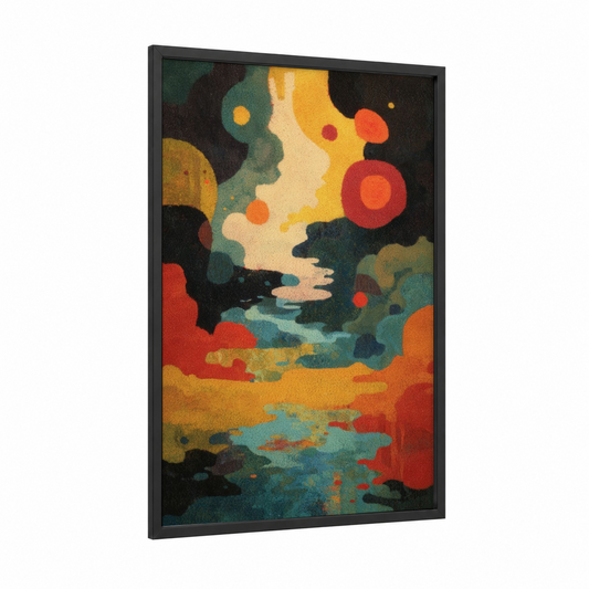 Luminous Dreamscape framed art print — black wood frame — gold and teal palette