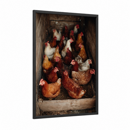 Rustic Henhouse Flock framed chicken and roosters print — black wood frame — russet and cream palette