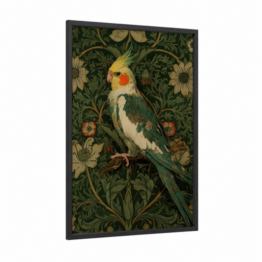 Crested Cockatiel framed art print — black wood frame — dark green and cream palette