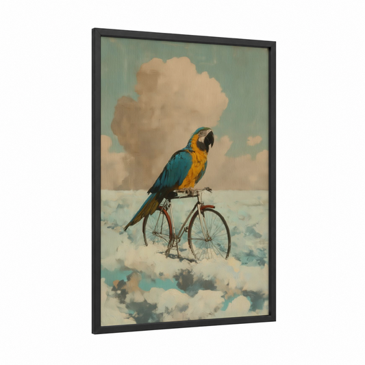 Pedaling Macaw framed art print — black wood frame — blue and cream palette