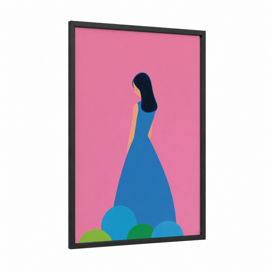 Blue Gown Portrait framed women's fashion print — black wood frame — royal blue and salmon pink palette