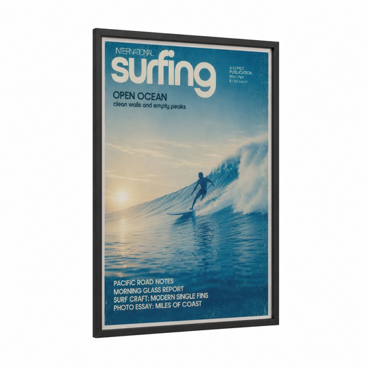 Vintage Surfing Magazine Ocean Wave Wall Art framed water surfing print — black wood frame — blue and cream palette