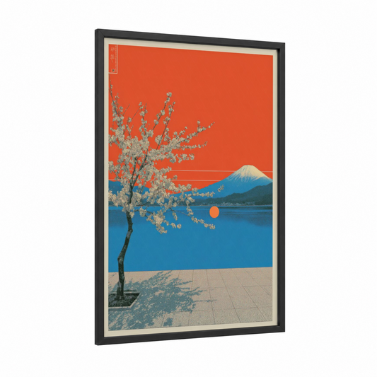 Mount Fuji Blossoms framed japanese y2k print — black wood frame — orange and blue palette
