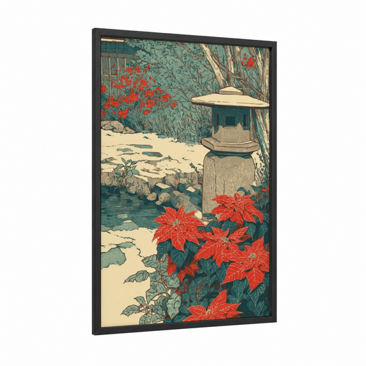Garden Lantern Poinsettias framed art print — black wood frame — teal and red palette