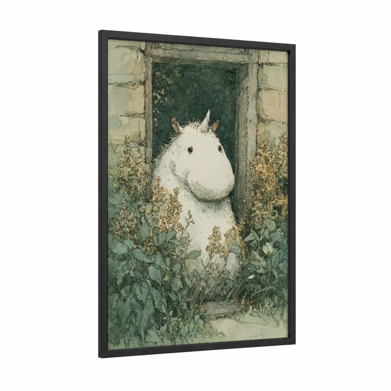 Garden Unicorn framed unicorns print — black wood frame — green and cream palette