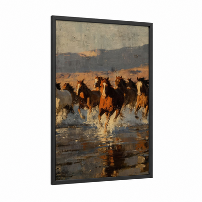 Coastal Horses framed quarter horse print — black wood frame — gold and russet palette