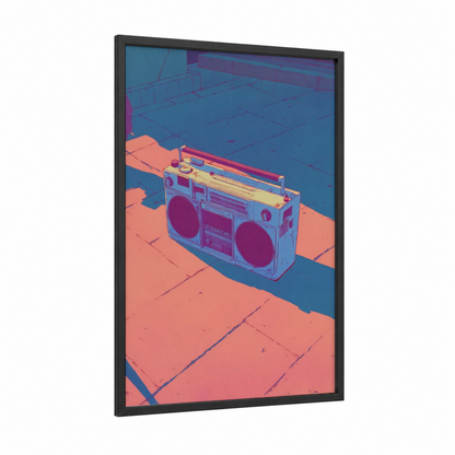 Neon Boombox framed art print — black wood frame — magenta and blue palette