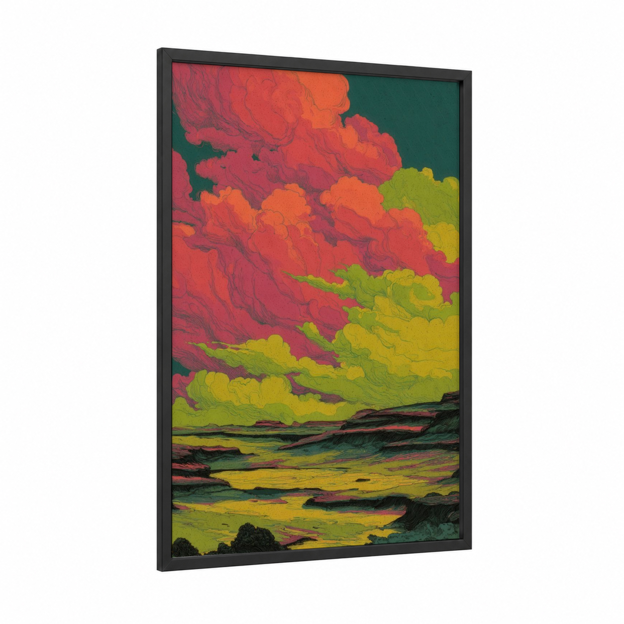 Crimson Sky Sunset framed art print — black wood frame — red and yellow gold palette