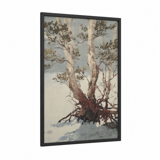 Coastal Mangrove framed art print — black wood frame — cream and sage green palette
