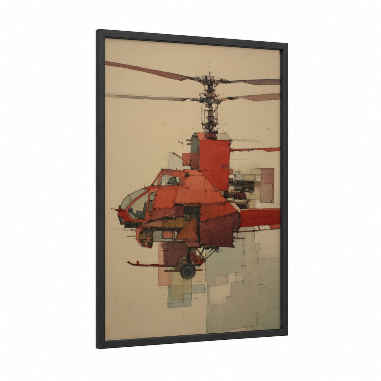Red Helicopter Blueprint framed art print — black wood frame — red and beige palette