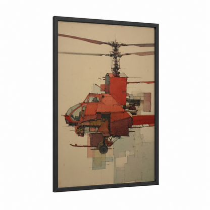 Red Helicopter Blueprint framed art print — black wood frame — red and beige palette