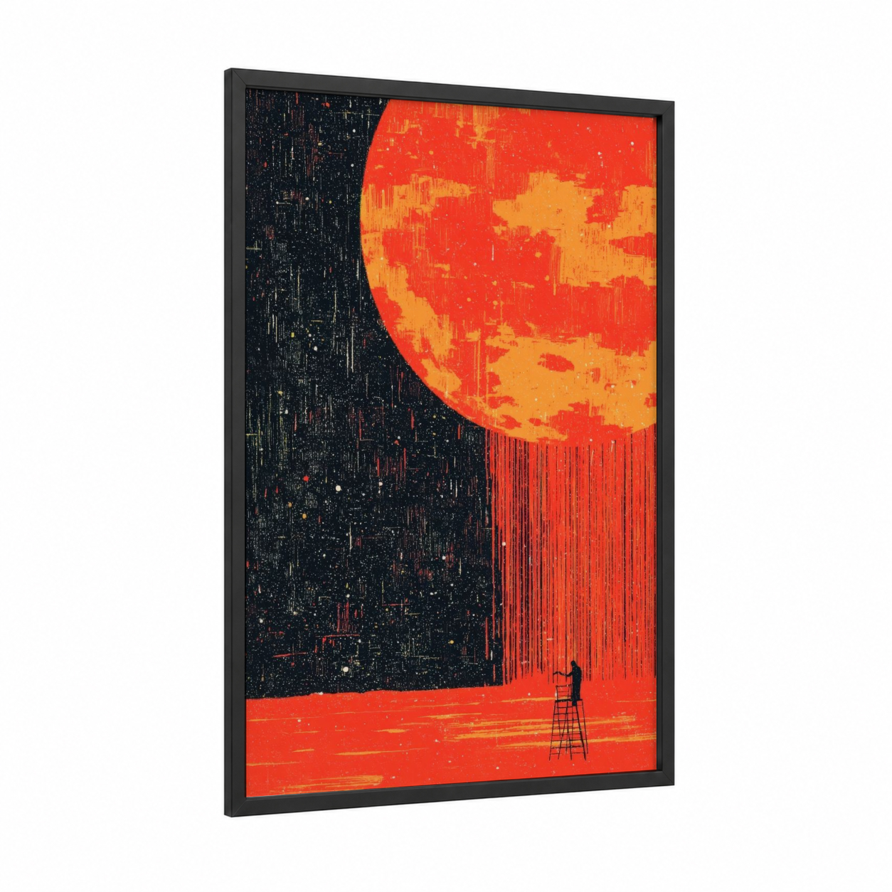 Crimson Solar Moment framed solar system print — black wood frame — red and gold palette