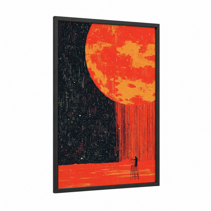 Crimson Solar Moment framed solar system print — black wood frame — red and gold palette