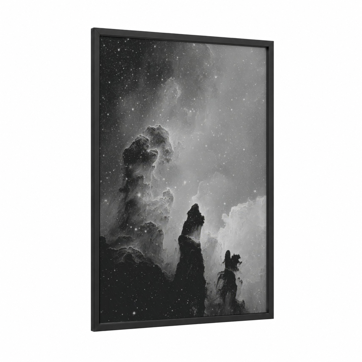 Cosmic Pillars framed nebula print — black wood frame — black and white and gray palette