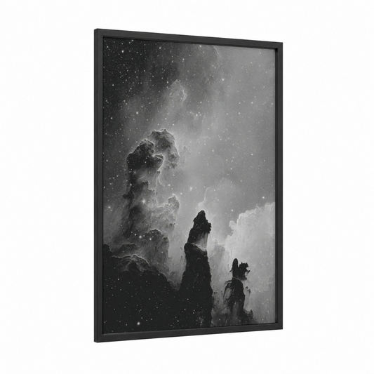 Cosmic Pillars framed nebula print — black wood frame — black and white and gray palette