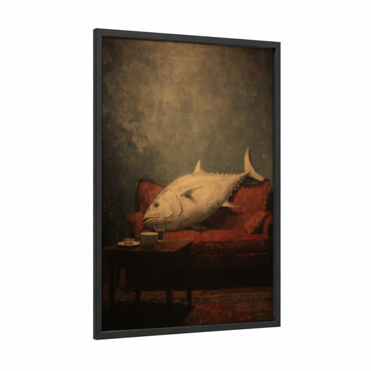 Lounging Tuna framed art print — black wood frame — brown and maroon palette