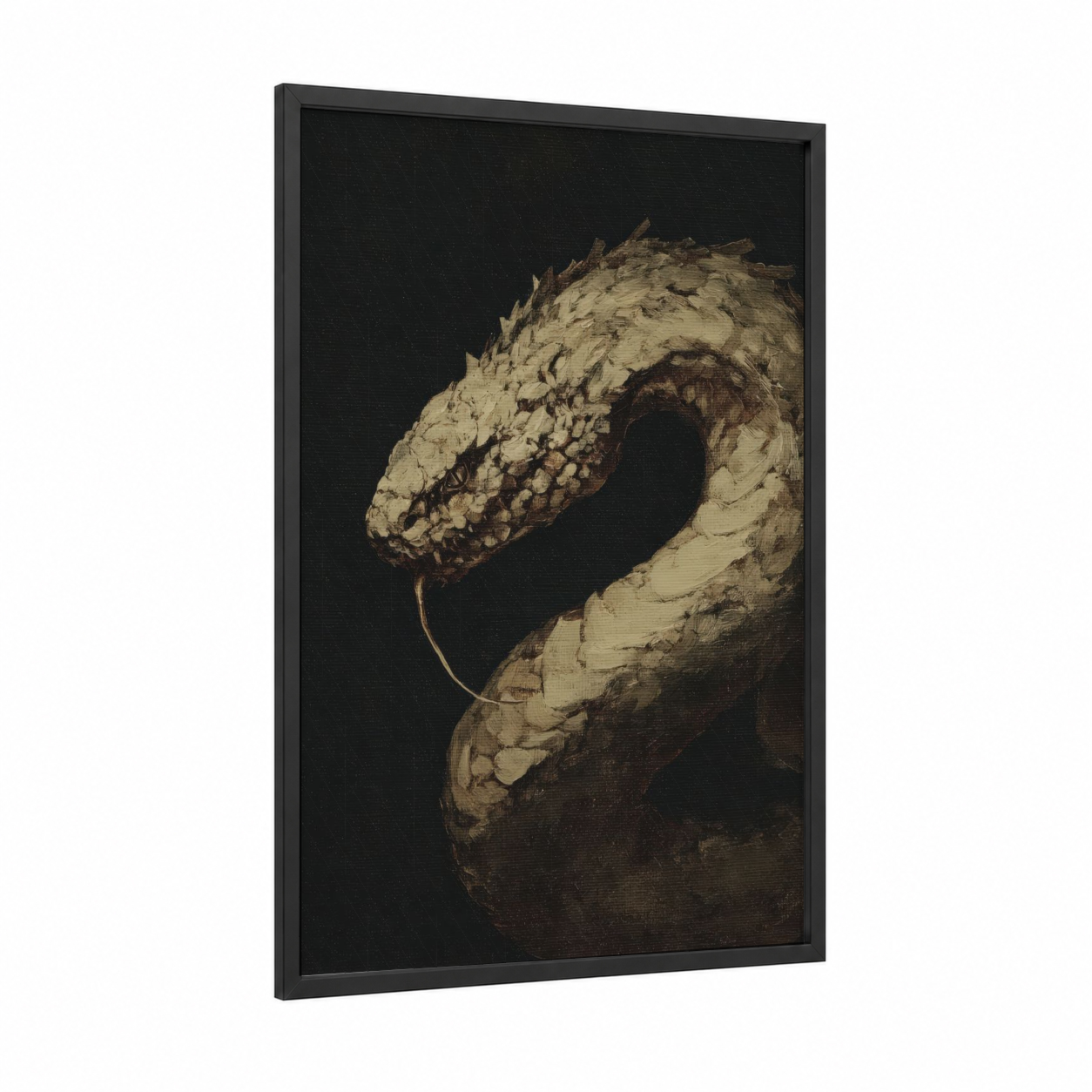 Coiled Basilisk framed art print — black wood frame — black and white and gold palette