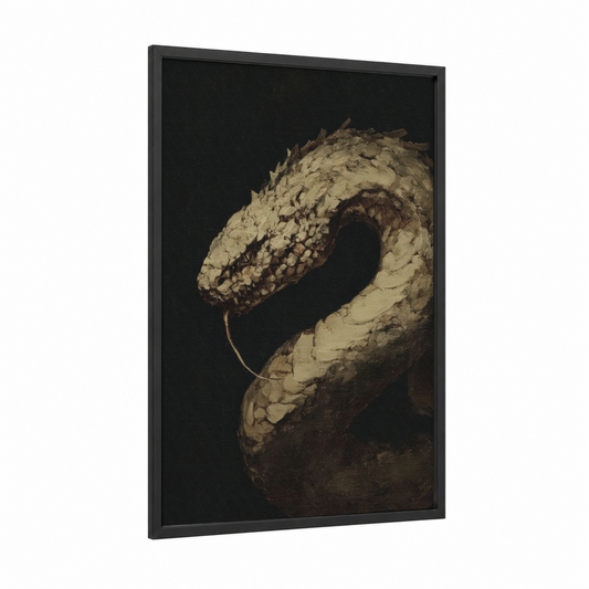 Coiled Basilisk framed art print — black wood frame — black and white and gold palette