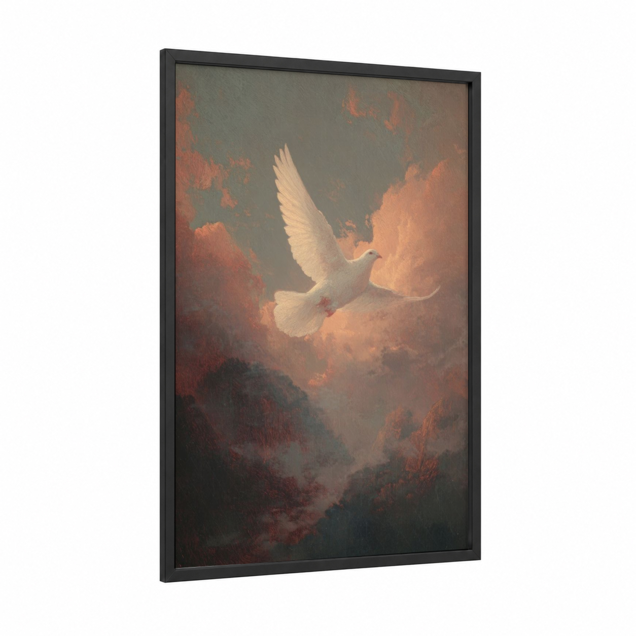 Heavenly Dove framed pentecost print — black wood frame — gold and cream palette
