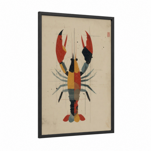 Geometric Crayfish framed art print — black wood frame — red and gold palette