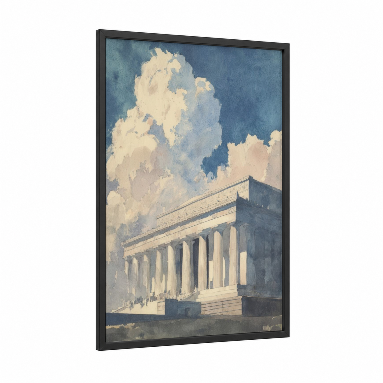 Neoclassical Monument framed lincoln memorial print — black wood frame — blue and cream palette