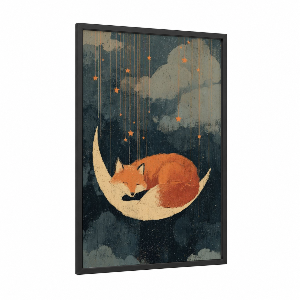 Dreaming Fox framed art print — black wood frame — orange and dark blue palette