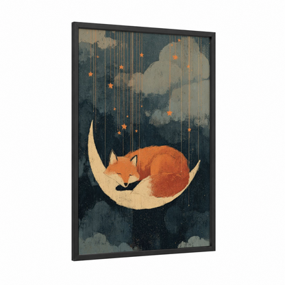 Dreaming Fox framed art print — black wood frame — orange and dark blue palette