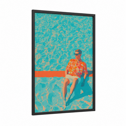 Poolside Vacationer framed men's fashion print — black wood frame — turquoise and orange palette