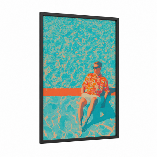 Poolside Vacationer framed men's fashion print — black wood frame — turquoise and orange palette