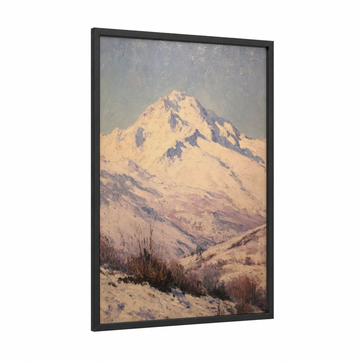 Alpine Peak Morning framed snowy mountains print — black wood frame — cream and gray palette