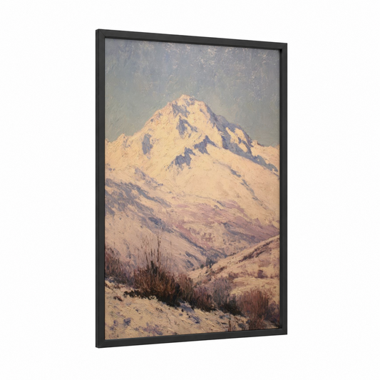 Alpine Peak Morning framed snowy mountains print — black wood frame — cream and gray palette