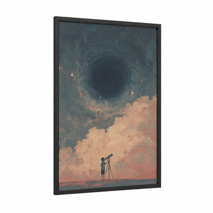 Stargazer Explorer framed art for boy print — black wood frame — gray and yellow and salmon pink palette