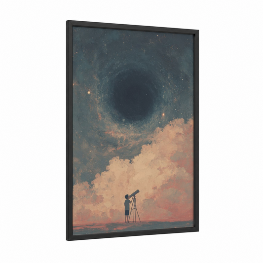 Stargazer Explorer framed art for boy print — black wood frame — gray and yellow and salmon pink palette