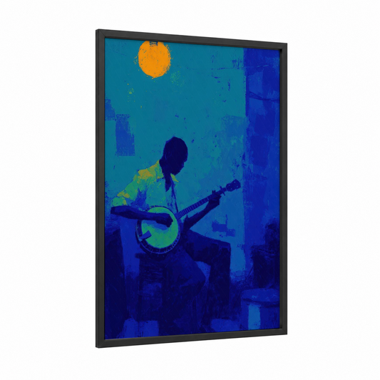 Moonlit Banjo framed art print — black wood frame — blue and gold palette