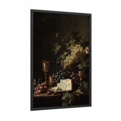 Classic Still Life Cheese framed art print — black wood frame — gold and black palette