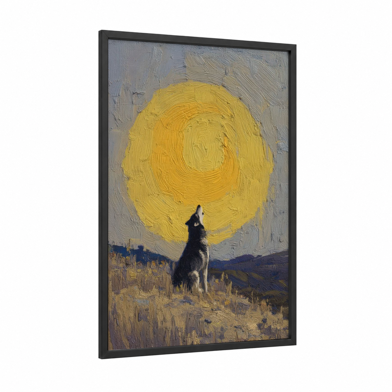 Moonlit Husky framed art print — black wood frame — yellow gold and gray palette