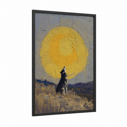 Moonlit Husky framed art print — black wood frame — yellow gold and gray palette