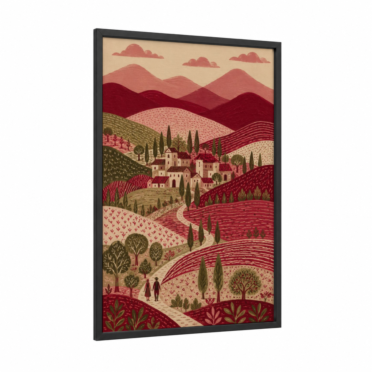 Tuscan Village Rolling Hills Landscape Wall Art framed art print — black wood frame — maroon and peach palette